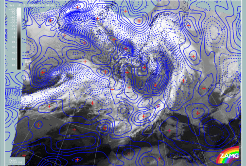 11 February 1997/06.00 UTC - Meteosat IR image; blue dashed: vertical motion (omega) - upward motion 700 hPa, blue solid: vertical motion (omega) - downward motion 700 hPa