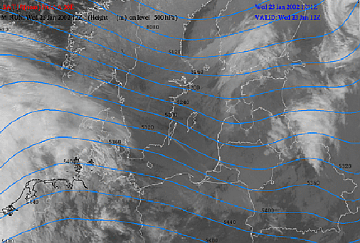 23 January 2002/12.00 UTC - NOAA IR image (channel 4); blue: geopotential height 500 hPa