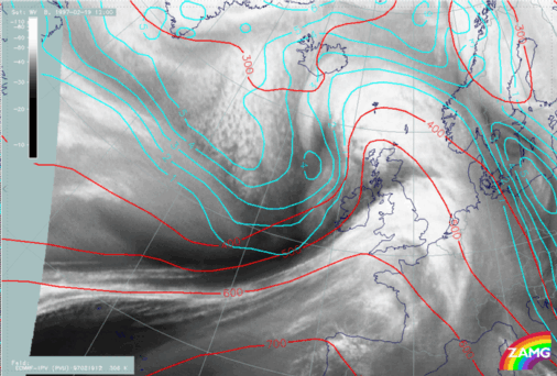 19 February 1997/12.00 UTC - Meteosat WV image; cyan: potential vorticity 306K; red: isobars