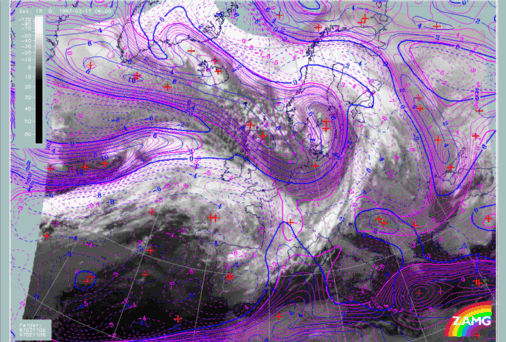 11 February 1997/06.00 UTC - Meteosat IR image; magenta: relative vorticity 300 hPa, blue: shear vorticity 300 hPa