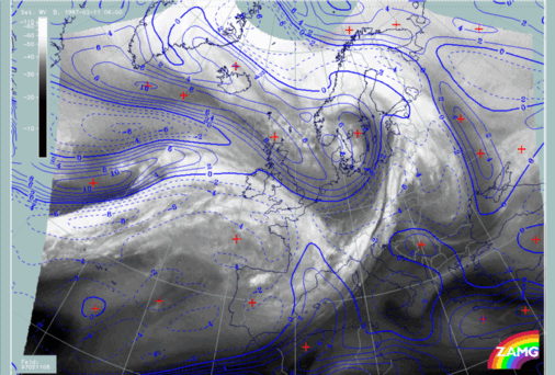 11 February 1997/06.00 UTC - Meteosat WV image; blue: shear vorticity 300 hPa