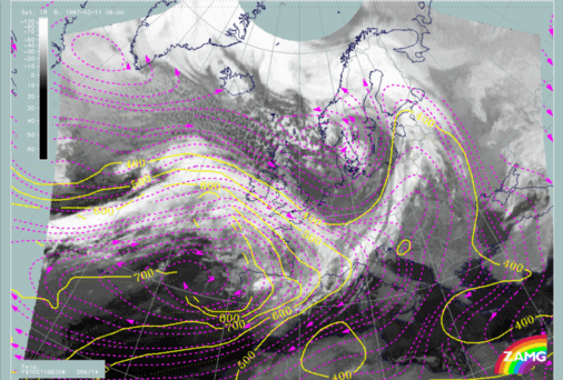 11 February 1997/06.00 UTC - Meteosat IR image; magenta: relative streams 308K - system velocity 259° 14m/s, yellow: isobars