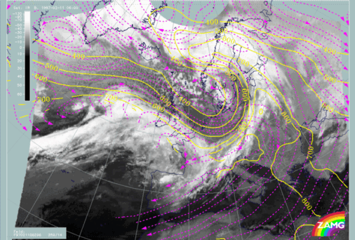 11 February 1997/06.00 UTC - Meteosat IR image; magenta: relative streams 308K - system velocity 259° 14m/s, yellow: isobars