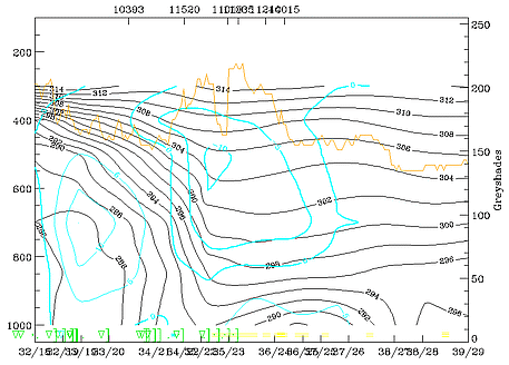 11 February 1997/06.00 UTC - Vertical cross section; black: isentropes (ThetaE), cyan thick: vertical motion (omega) - upward motion, cyan thin: vertical motion (omega) - downward motion, orange thin: IR pixel values, orange thick: WV pixel values